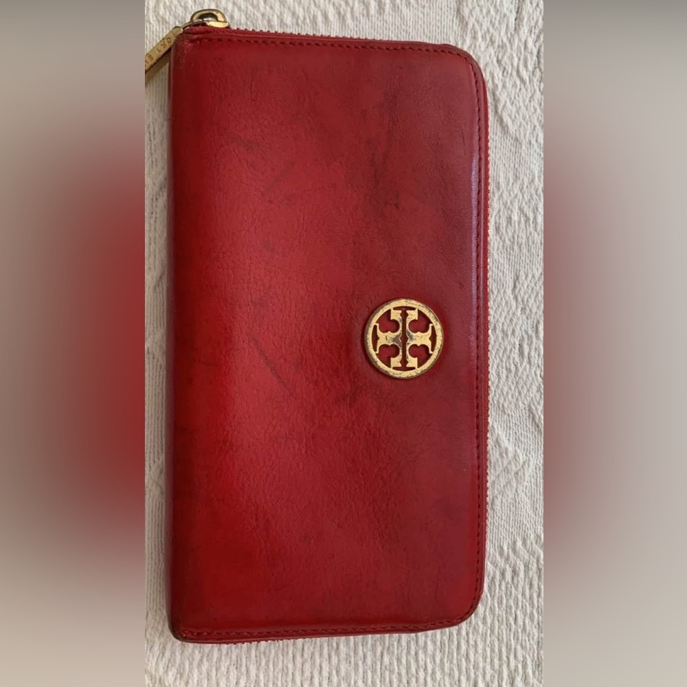 Tory Burch Red Leather Zip Wallet with Gold Hardware